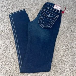 NWT True Religion Jeans Womens Size 27 Bling Rhinestone Flap Pocket Dark Wash